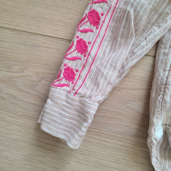 J. Crew Top XS Beige Striped Pink Embroidered Linen Boho Pullover Shirt - Picture 5 of 11